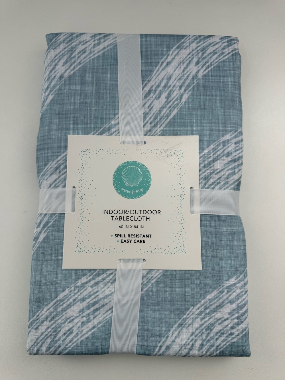 Ocean Shores Indoor/Outdoor Tablecloth Blue White Abstract Stripe Design NWT